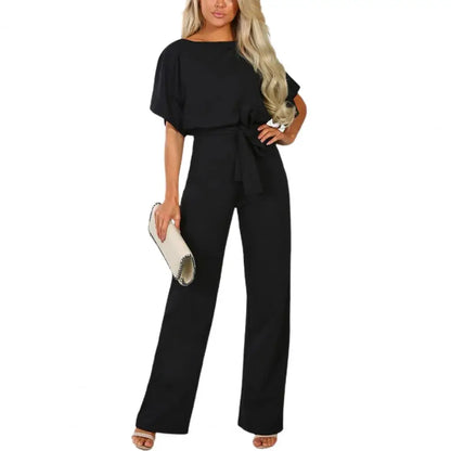 Jumpsuit Lace Up High Waist Elegant Women Solid Color Straight Leg Romper Fashion Short-sleeved Round Neck Jumpsuit for Dating