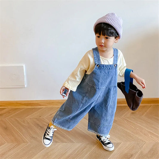 2024 Autumn New Children Loose Overalls boys girls casual all-match denim Trousers Spring Fall Solid Outwear 1-7Y Kids bib pants