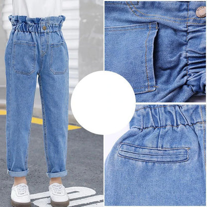 Summer Teen Girls Jeans Blue High Waist Slim Denim Pants for Girls Kids Trousers Casual Children Clothes for 10 12 14 Years