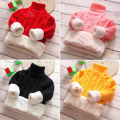 Winter Big Children Thick Sweaters Boy Girl Knitted Turtleneck Kids High Collar Pullover Sweater Plus Velvet Warm Knitwear 2-10Y