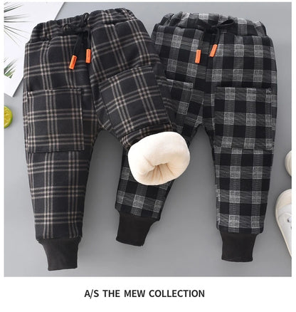 Autumn Winter Boys Fleece Sports Pant 0-6Y Child Straight Thick Warm 3 Layer Quilted Trousers Kid Elastic Waist Jogger Sweatpant