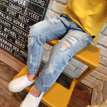 2024 New Fashion Multicolor Hole Little Girl Jeans Boy Spring and Summer Denim Casual Loose Cuffed Jeans Children Pants