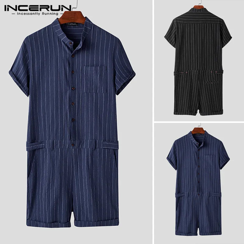 INCERUN Striped Men Rompers Breathable Stand Collar Short Sleeve Joggers Playsuits Streetwear Fashion Men Jumpsuits Shorts S-5XL