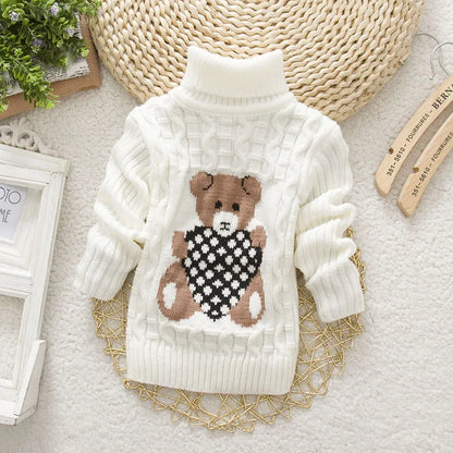 1-8 Years Warm Cute Winter Boys Girls Sweater Cartoon Bear Knitted Bottoming Turtleneck 2021 Children Birthday Present Sweater