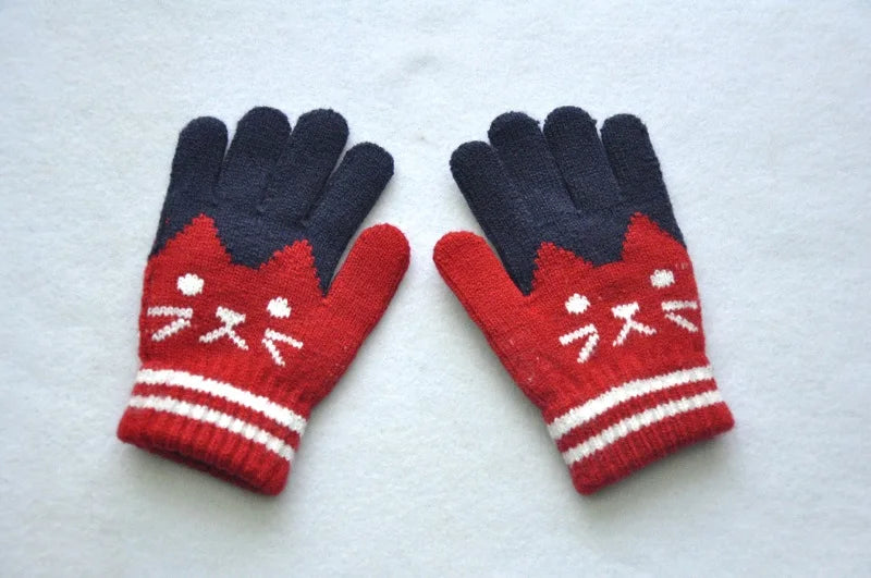 6-11years Kids Winter Warm Velvet Wool Gloves Cartoon Cat Baby Girls Baby Boys Gloves KF194