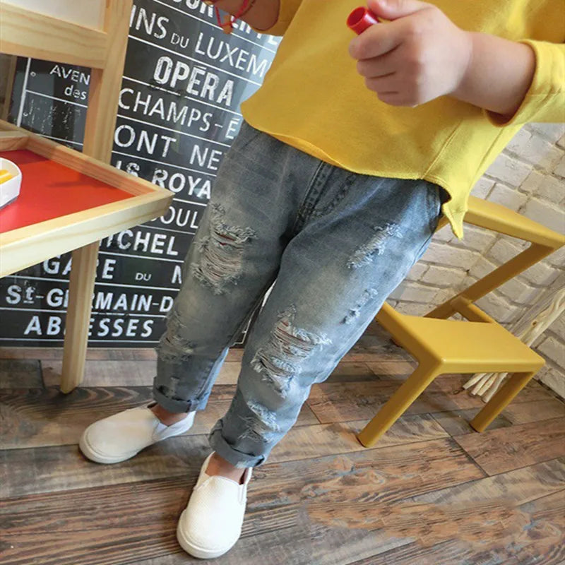 2024 New Fashion Multicolor Hole Little Girl Jeans Boy Spring and Summer Denim Casual Loose Cuffed Jeans Children Pants