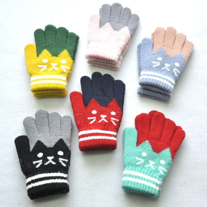 6-11years Kids Winter Warm Velvet Wool Gloves Cartoon Cat Baby Girls Baby Boys Gloves KF194