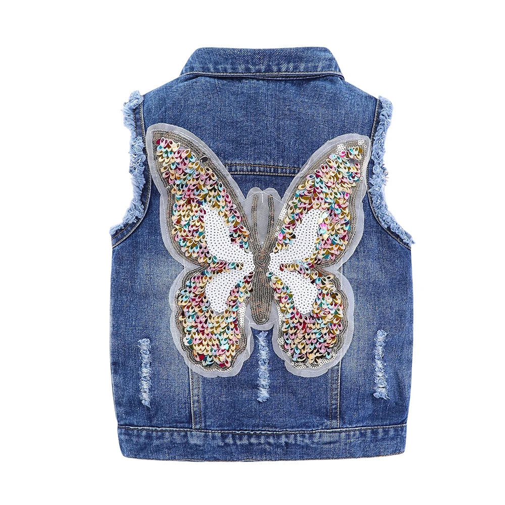 Mudkingdom Ripped Girls Denim Vest Butterfly Sequin Turn-Down Collar Autumn Sleeveless Jacket Kids Jean for Girl Sparkly Clothes