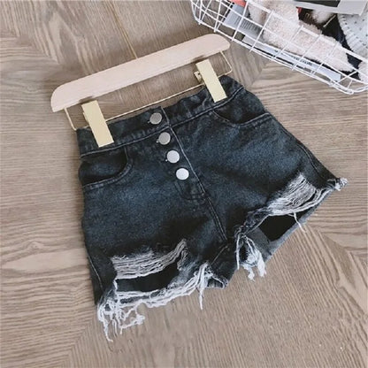 Fashion Baby Girl Casual Jean Shorts Ripped Holes Toddler Teen Child Cotton Scanties Trousers Button Summer Baby Clothes 1-14Y