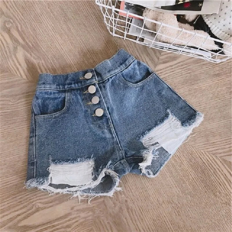 Fashion Baby Girl Casual Jean Shorts Ripped Holes Toddler Teen Child Cotton Scanties Trousers Button Summer Baby Clothes 1-14Y