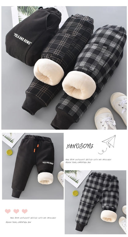 Autumn Winter Boys Fleece Sports Pant 0-6Y Child Straight Thick Warm 3 Layer Quilted Trousers Kid Elastic Waist Jogger Sweatpant