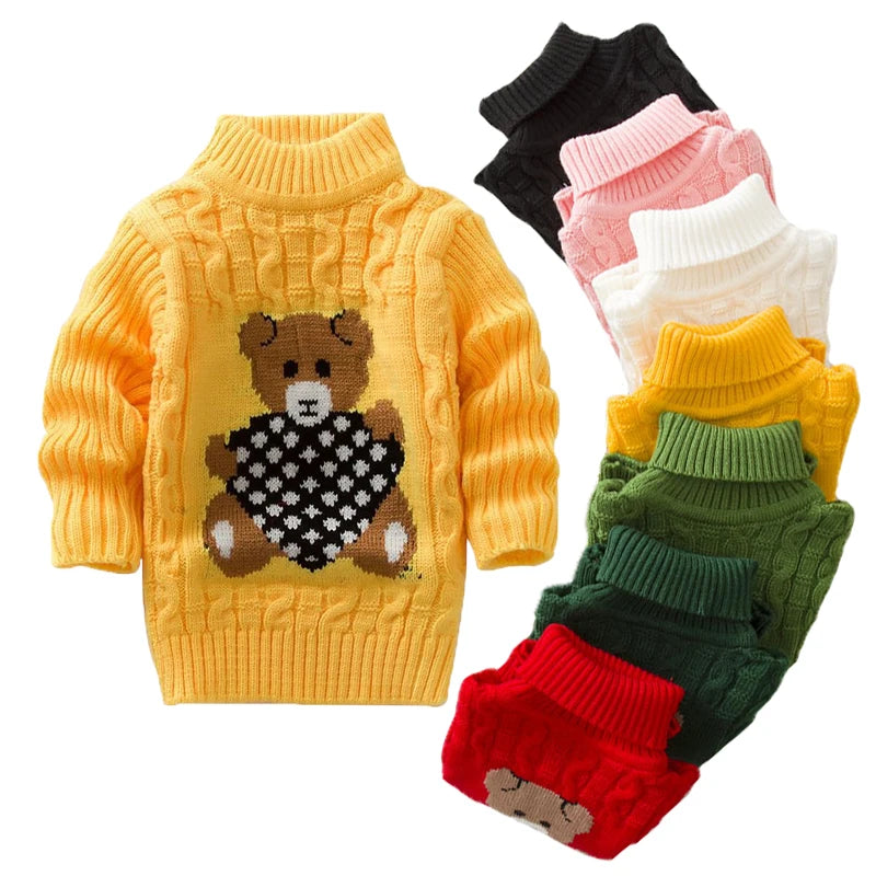 1-8 Years Warm Cute Winter Boys Girls Sweater Cartoon Bear Knitted Bottoming Turtleneck 2021 Children Birthday Present Sweater