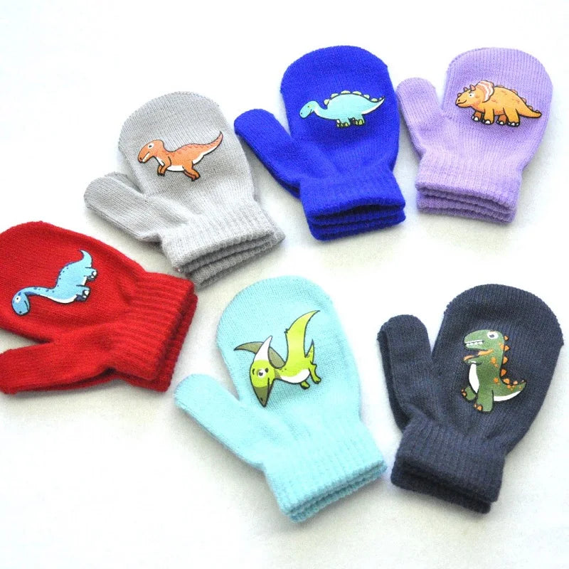 1-5years Kids Winter Mittens Outdoor Sport Warm Wool Gloves Cartoon Dinosaur Knitted Mittens for Baby Girls Baby Boys KF192