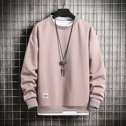 Mens Casual Sweatshirts Fashion Fake Two Pieces O Neck Hoodies Men Harajuku Streetwear Tops Spring Autumn Solid Male Sweatshirt