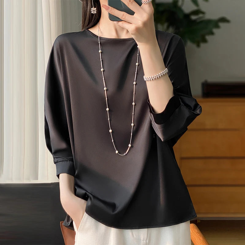 New Acetic Satin Nine-Sleeve T-shirt in Summer Women's Round Neck Loose Large Size Wide Sleeves Outside