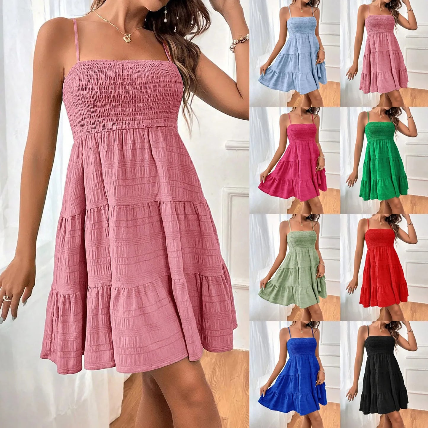 Bohemian Beach Sundress Women Sexy Sleeveless Backless Big Swing Mini Dress Solid Spaghetti Strap Ruffles Dresses Vestidos