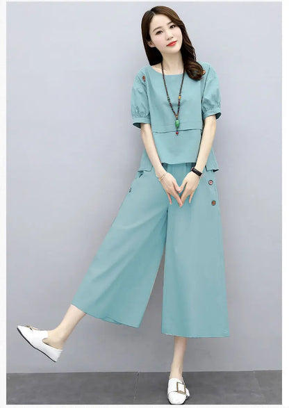 2024 Summer New Art Skin Covering and Slimming Fashion Casual Women's Wide Leg Pants Large Size Fashion Two Piece Set Trendy