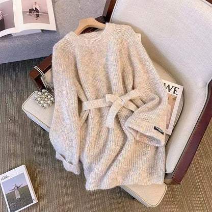 Elegant Matching Office Lady's Knitted Dress Korean New In Women's Sweater Dress Sash O-Neck Long Sleevet Pullover Chic Knitwear