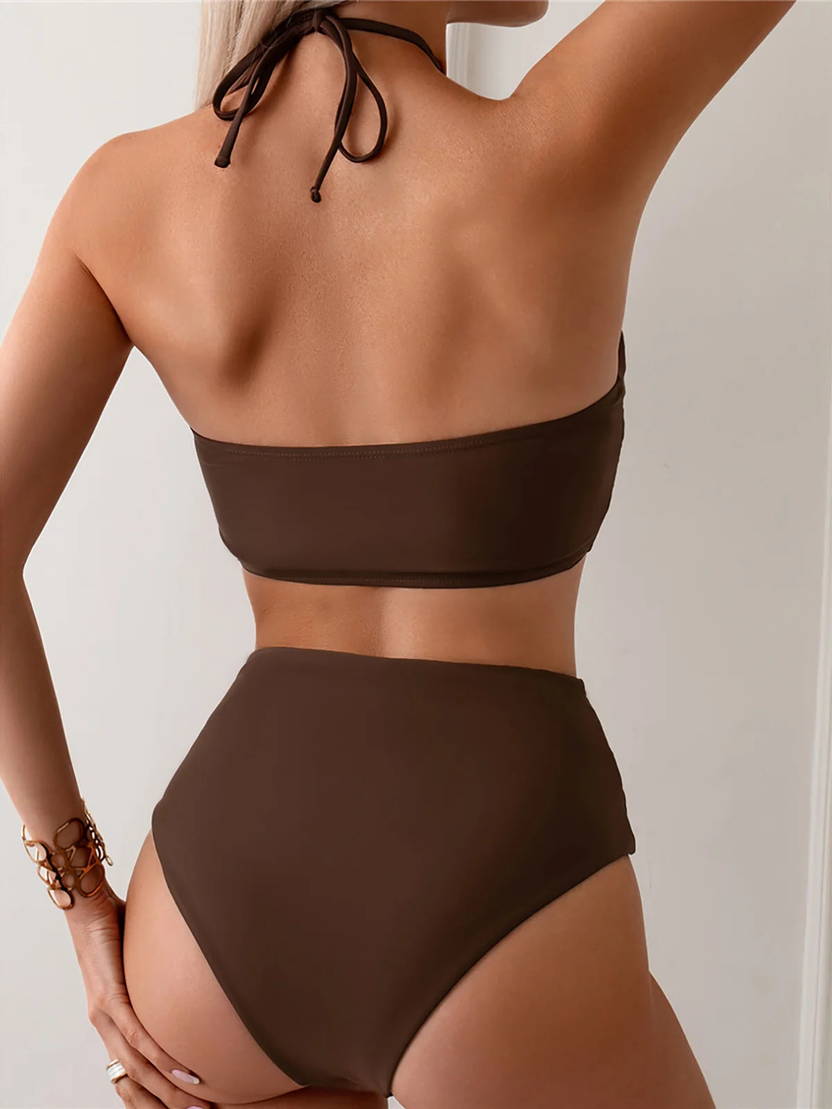 Halter Wrinkled High Neck Female Swimsuit High Waist Bikini Women Swimwear Two-pieces Bikini set Bather Bathing Suit Swim K5616