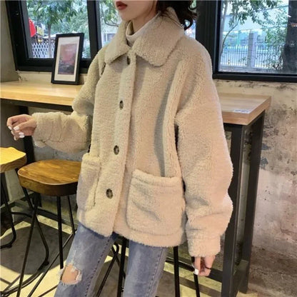 Petitefleece-lined Thickened Sheep Fleece Jacket Women's Autumn/winter 2024 New Style Loose-fit Sweatshirt Versatile Students