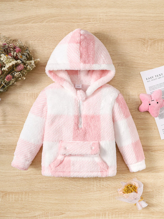 Little Girl Warm Long Sleeved Hoodie Top Cute Pink Plaid Jacket Plush Plush Thickened Winter Clothes for Girl 2-8 Years Children