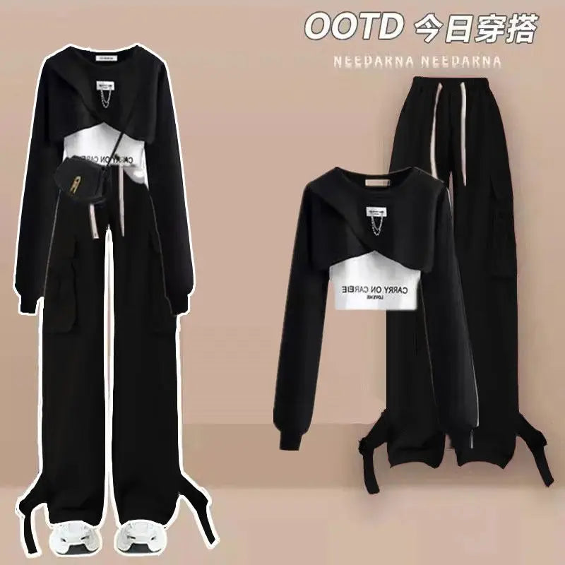 Spring/Summer Set Women's Korean Loose Design Casual Top+suspender+work Wide Leg Pants Three Piece Set Trendy