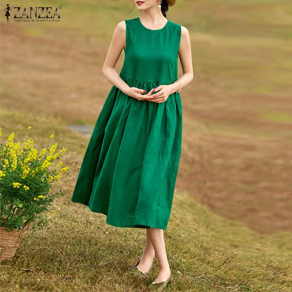 ZANZEA 2024 Summer Women Crew Neck Sleeveless Cotton Dreeses Casual Loose Dress Vintage A-line Vestidos Holiday Baggy Midi Robes