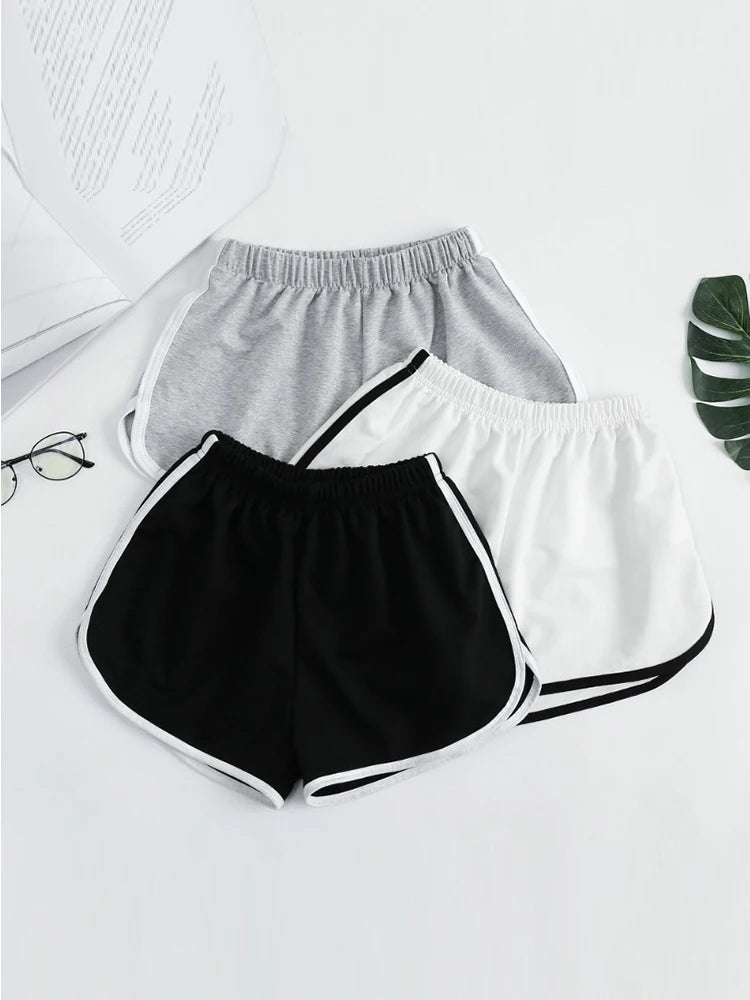 Striped Sports Shorts for Women, Simple Loose Shorts, Casual Slimming Short for Ladies, High Waisted, Monochrome, Summer Fashion