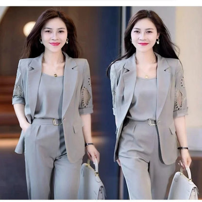 Summer High Waist Three-Piece Blazer Suit Elegant Women's Business Suit with V Neck Vest Out Coat High Waist Harem Pants