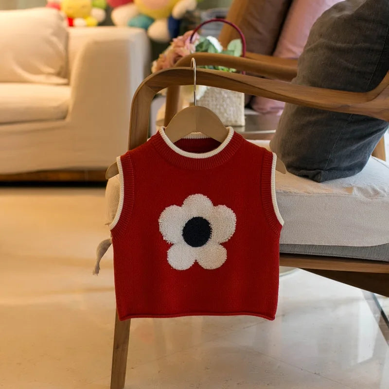 2024 New Baby Girls Knitted Vest Children'S Flower Sweater KIds Clothing Cute Girl Pullover Striped Vest Versatile Fashion Top