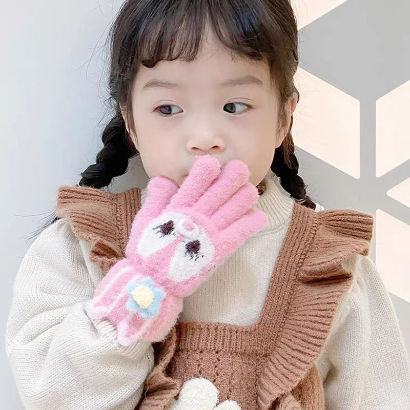 5-12 Years Winter Children Girl Gloves Knitted Warm Soft Cartoon Rabbit Full Finger Gloves Kids Outdoor Lovely Girl Mittens