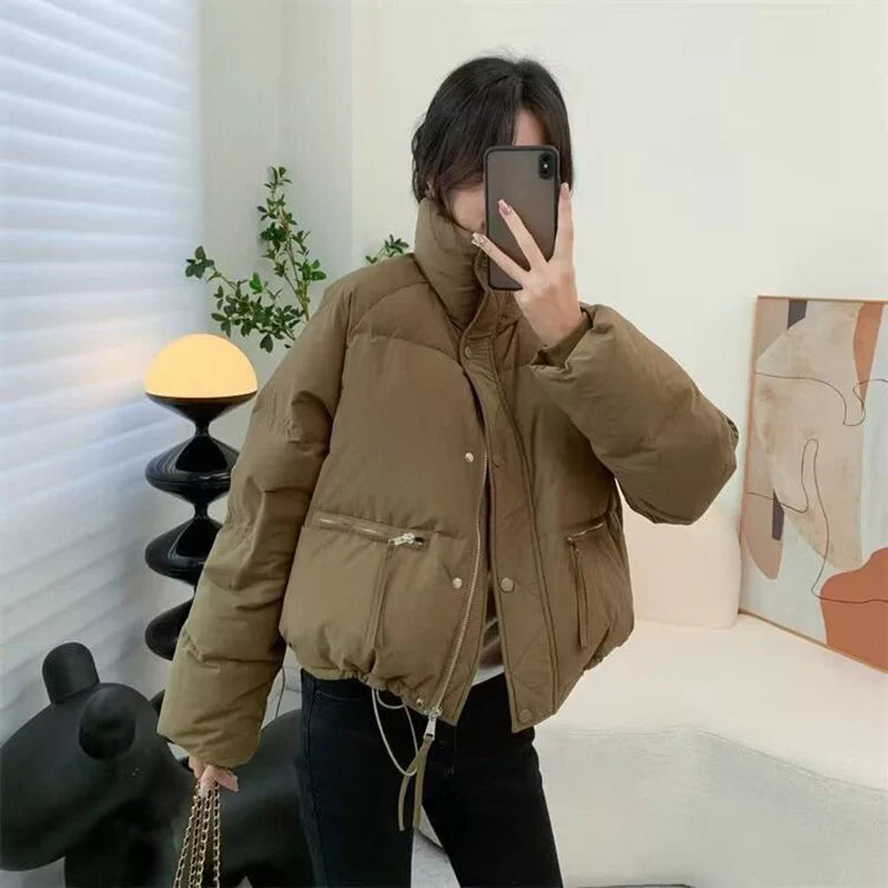 Winter Women Cotton Jacket Thick Warm Korean Fashion Zipper Padded Coat Female Solid Loose Pocket Short Parkas Puffer Outerwear