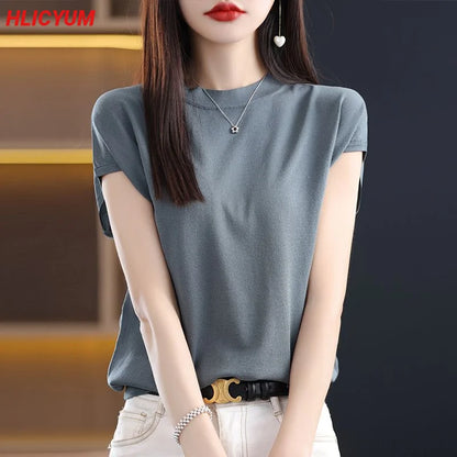 Women's T-shirt Summer New Solid Color Sweater Short Sleeve Casual Knit Round Neck Ladies Tops Blouse Overside Tees