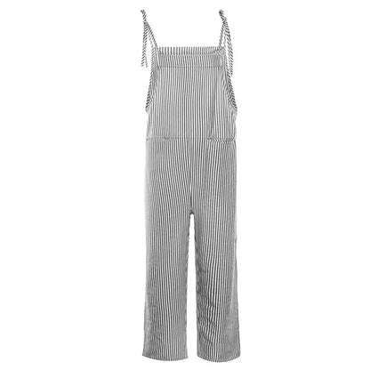 Women's Rayon Striped Wide-leg Jumpsuit Summer Casual Pockets Sleeveless Loose One-Piece Bib Overalls Beach Suspender Trousers