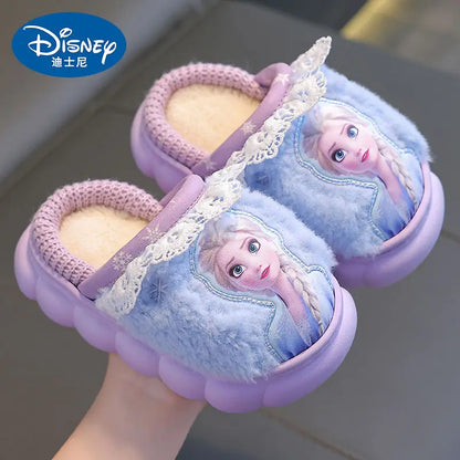 Disney Princess Elsa Frozen Slippers for Girls in Autumn Winter Indoor Warmth Non slip Children's Plush Cotton Blue Purple Shoes