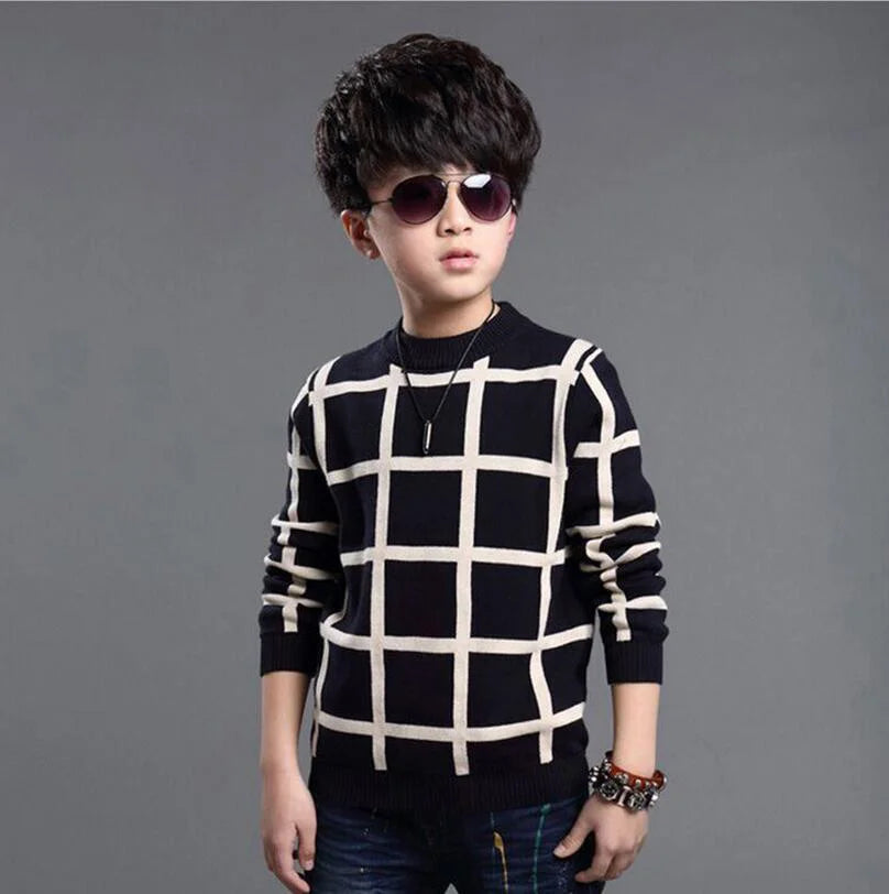 2023 Autumn Winter England Style New Kids boy Plaid Sweater Coat Children Clothing Baby jacquard Cotton Boys Pullover 4-10Y