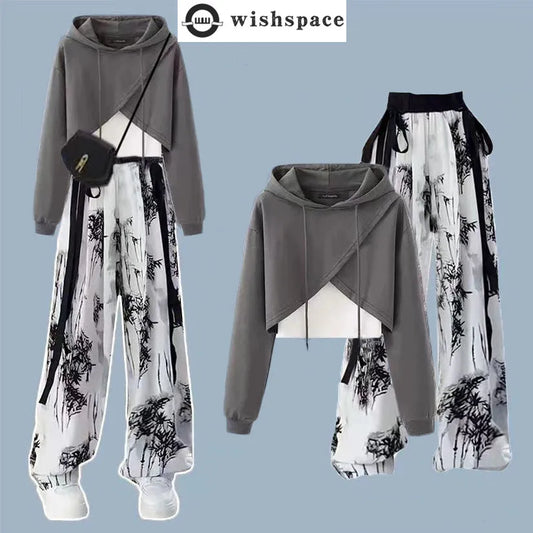 Korean Style Casual Hoodie Retro Ink Style Wide Leg Pants Two-piece Set Elegant Women's Pants Set Student Sports Set