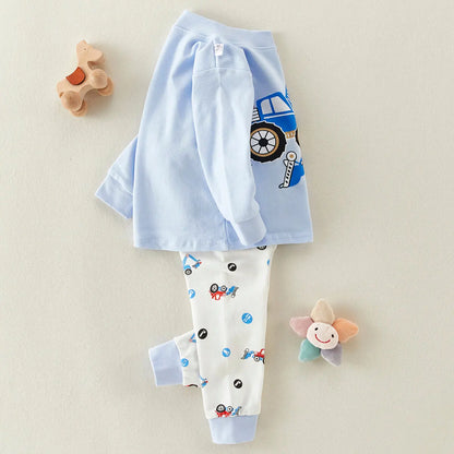 hibobi 2 Piece Set Car Pattern Round Neck Pure Cotton Toddler Boys Pajamas Pajama Pants Set Cute Casual Fashion Home Wear