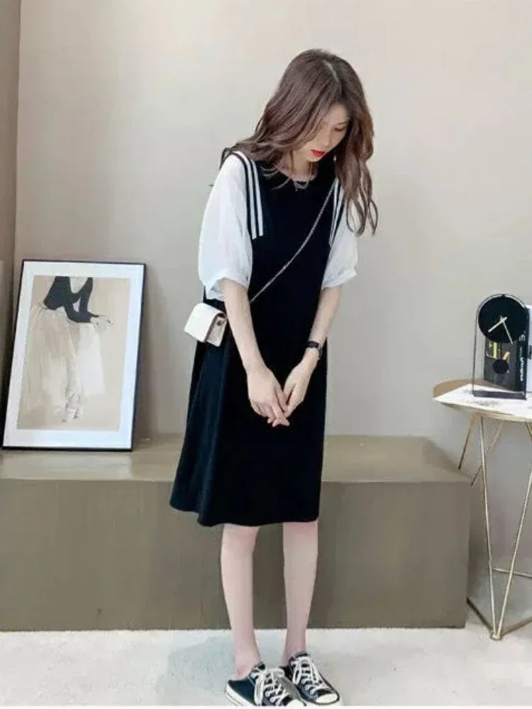 New Pregnant Women Clothes Set for Summer Short Sleeve Cotto Top Strap Chiffon Dress Twinset Loose Maternity Dress Suits