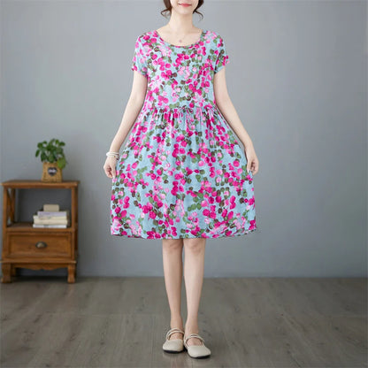 THHONE Summer Dress for Women Floral Casual Print Loose Vintage Draw String Robe Elegant Mini New in Dresses Vestido Feminino