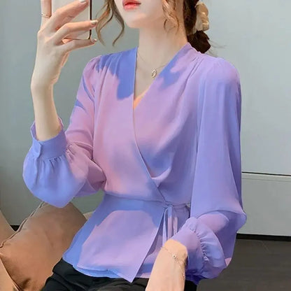 Shirt Temperament Long Sleeved Autumn Top Solid Color Year Lace Up Women's New Collection Waist Cross Chiffon Shirt Fashionable