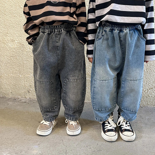 Children's Soft Jeans Korean Version Loose Fitting Boy and Girls Casual Patch Pants 2024 New Spring and Autumn Baby Trousers