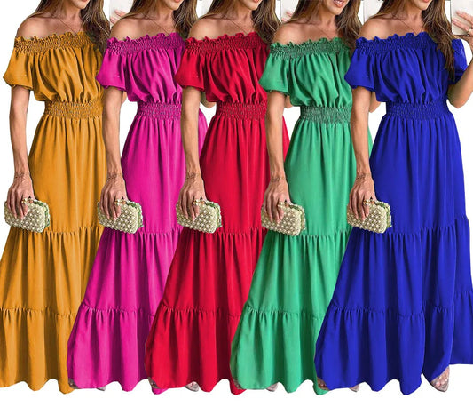 2024 Women's New Spring Summer New Ethnic Summer One Neck Short Sleeve Long Women's 7 Color Dresses Evening Party Fashion Dress