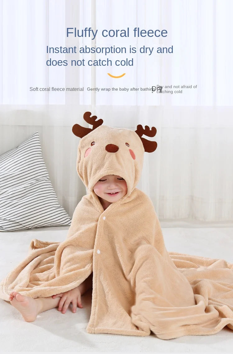 Infant Blanket, Male and Female Baby Cartoon Coral Velvet Bathrobe, Thickened Lint-free Children's Bath Towel, Hooded Cloak