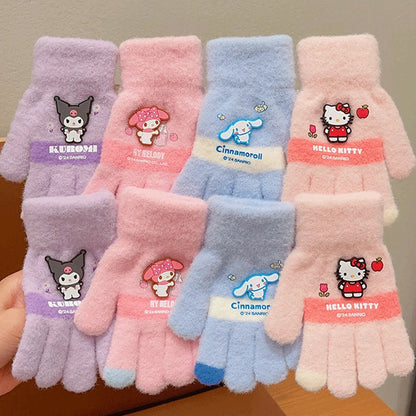 Kawaii Sanrio Hello Kitty Gloves Kuromi My Melody Cold-Proof Winter Finger Gloves Plush Screen Touch Warm Children Toddler Gifts