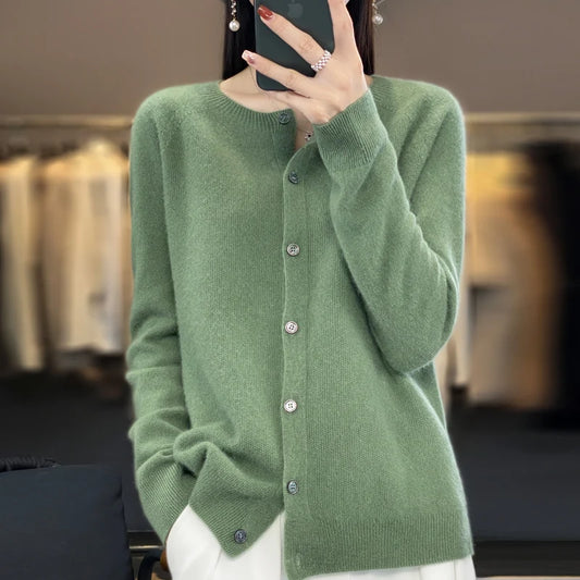 2024Spring and Autumn  New 100% pure merino cashmere sweater women's O-neck cardigan loose long-sleeved sweater top