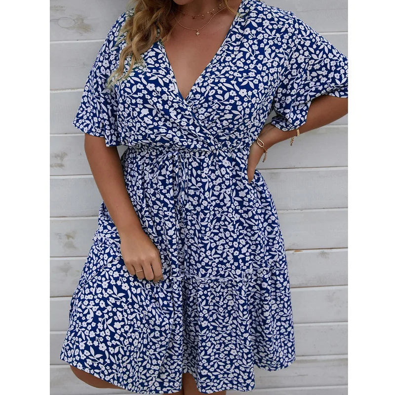 Plus Size Dress Woman 2023 Summer V Neck Short Sleeve Floral Print Casual Midi Dress High Waist Chic Beach Party Dresses