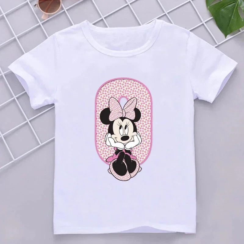 Minnie Children Cotton T-Shirts Letter A-Z Name Combination Disney Kawaii Cartoons Clothes Kids Little Boy Girl Tee Casual Tops