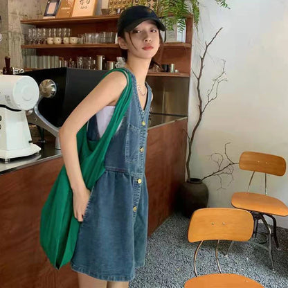 Biyaby Sleeveless Strap Dress Women 2023 Summer Single-Breasted Pockets Denim Dresses Woman Korean Style Loose A Line Mini Dress