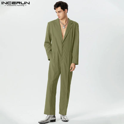 Casual Simple Style Bodysuits INCERUN Men's Deep V-neck Design Rompers Fashion Solid All-match Long Sleeved Jumpsuits S-5XL 2024